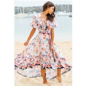 Jaase Malone Floral Ruffle Tiered Hi Low Maxi Dress Sz S Romantic Boho Cottage